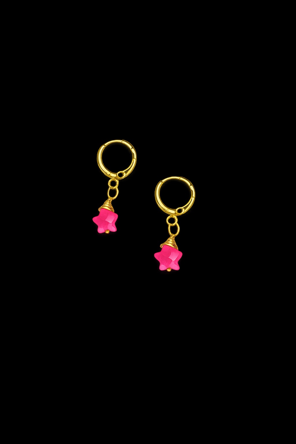 Gold Filled Huggie Earrings With Pink Chalcedony Star Gemstones