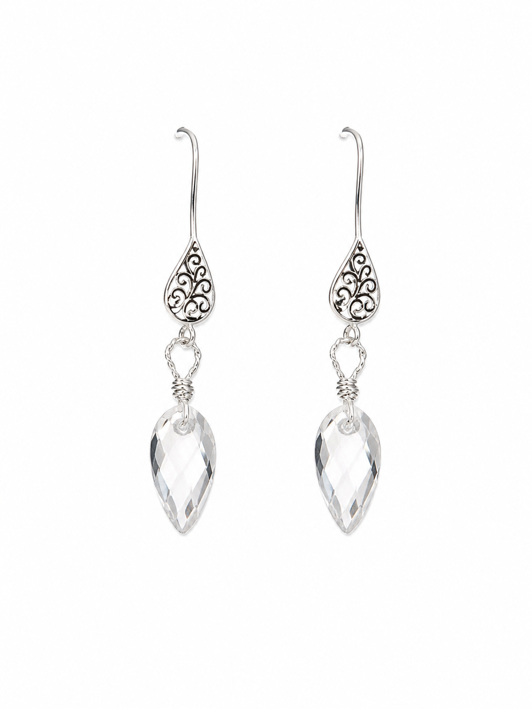 925 Sterling Silver Vintage Inspired Hook Earrings with Crystal Quartz Dangles