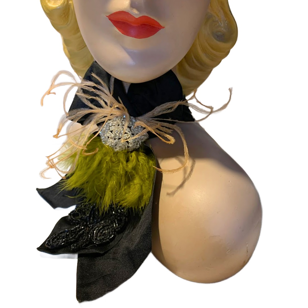 La Fée Vert the Reimagined Victorian Cravat Choker Necklace with Absinthe Green Feathers and Rhinestones