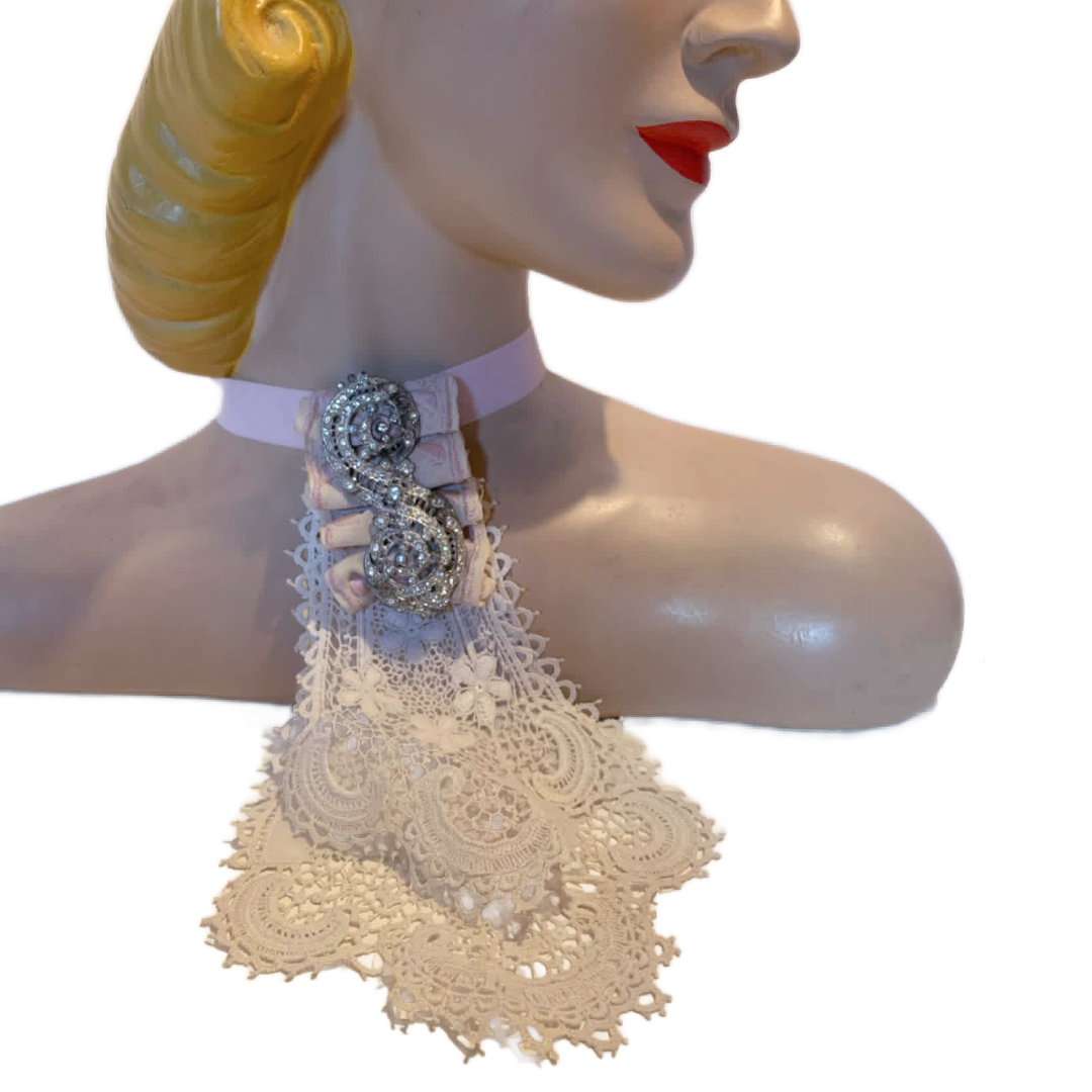 Blush- the Reimagined Antique Lace Cravat Choker with Vintage Rhinestones and Ribbon