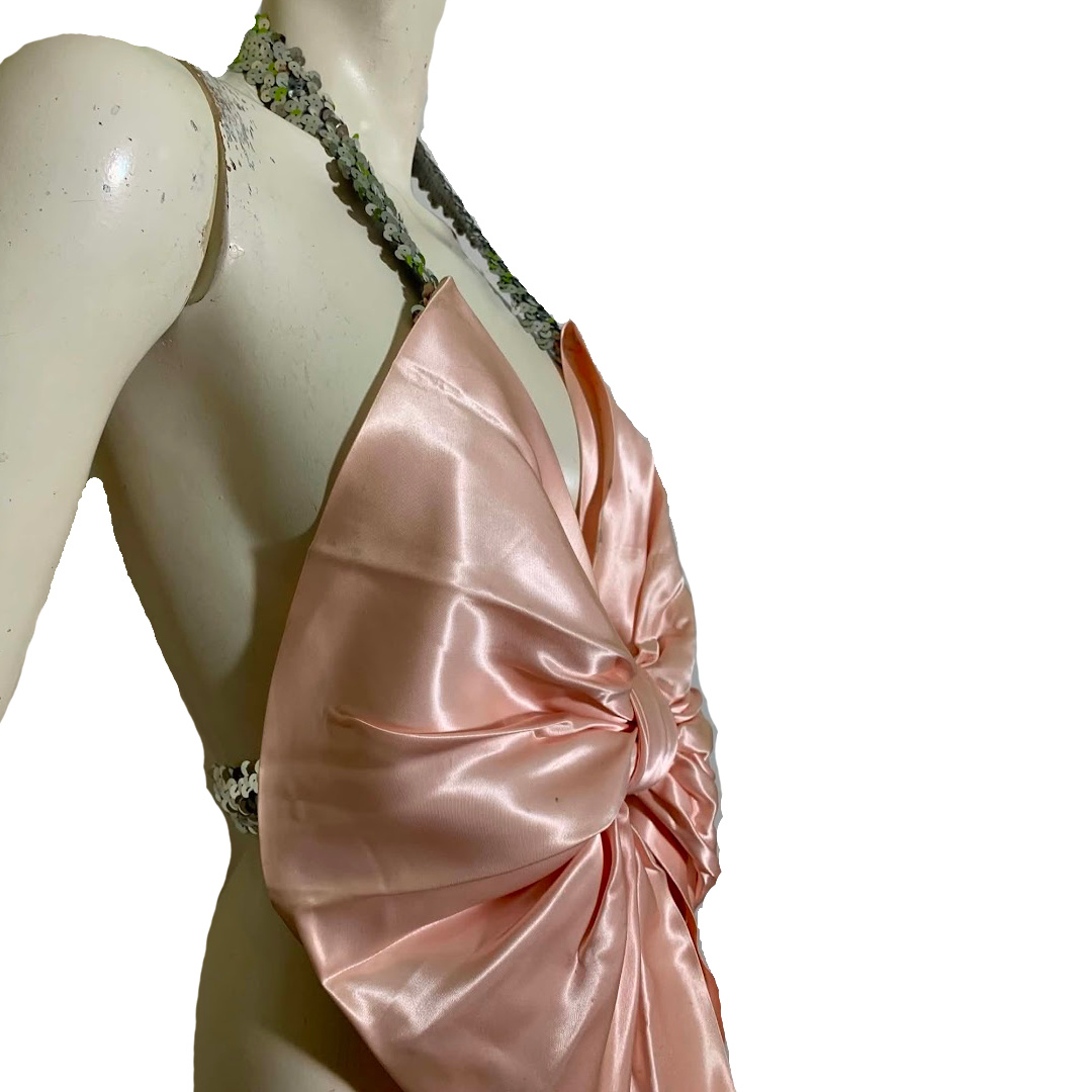 Material Girl- the Reimagined Pink Slipper Satin Bow Halter Top with Sequins