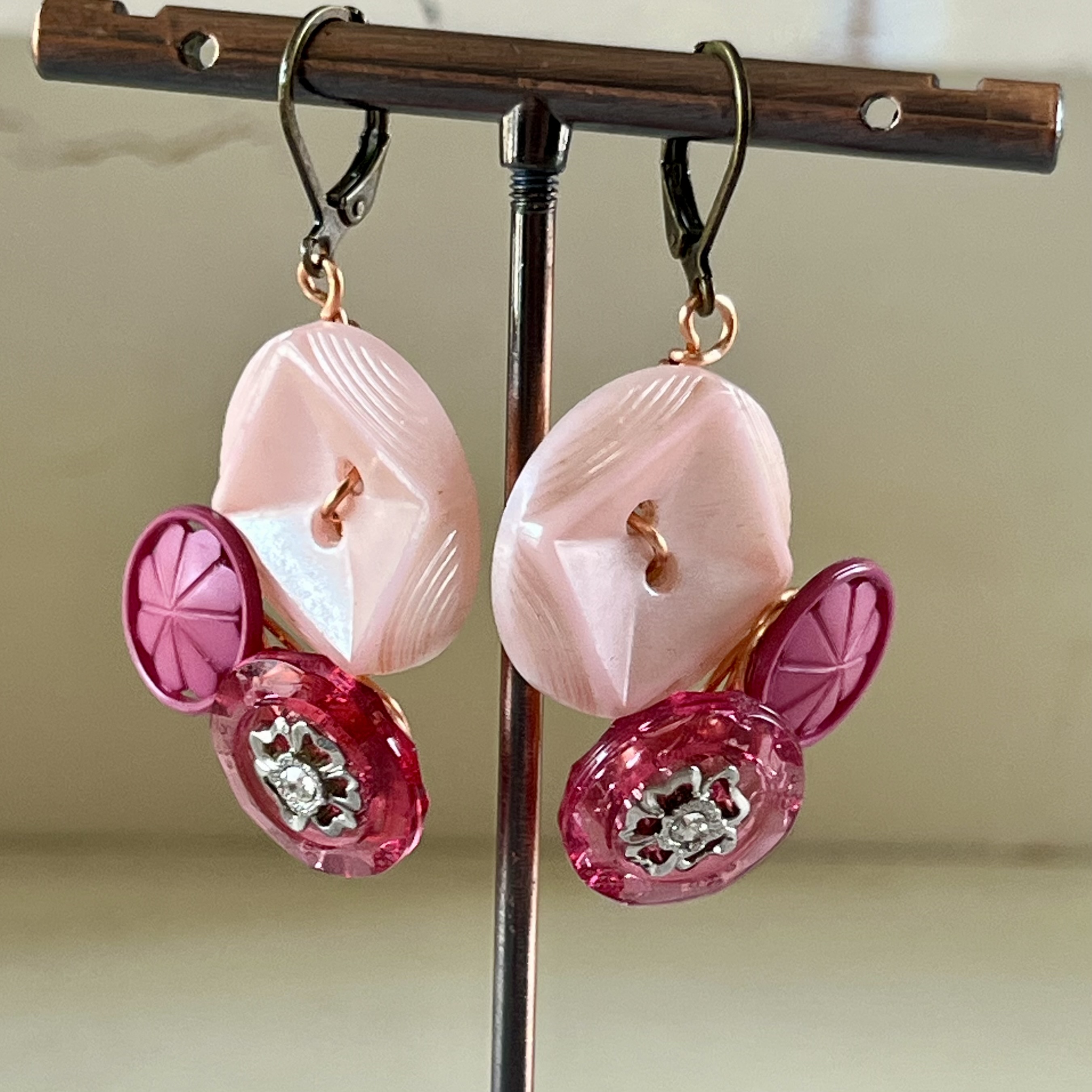 Pink Cluster Vintage Button Earrings 