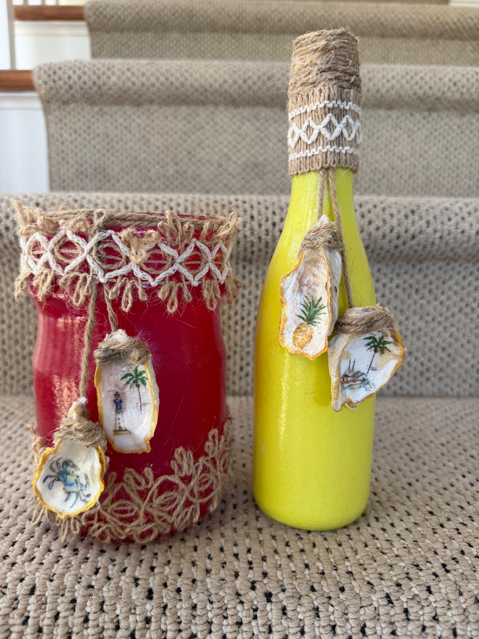 Painted vases with decoupage oyster shells