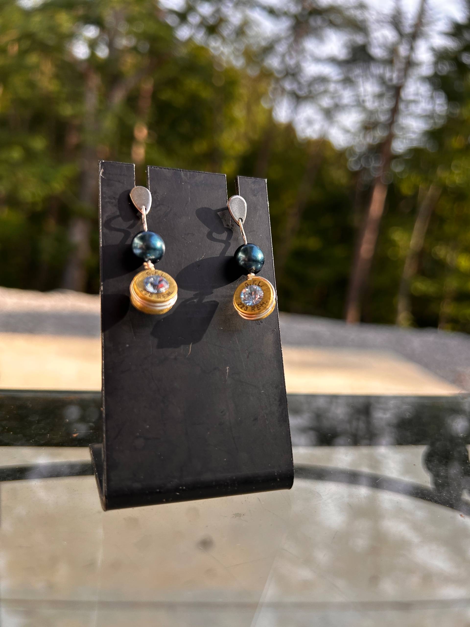 Silver Plated Dangle Bullet Casing Earrings with Swarovski Crystal