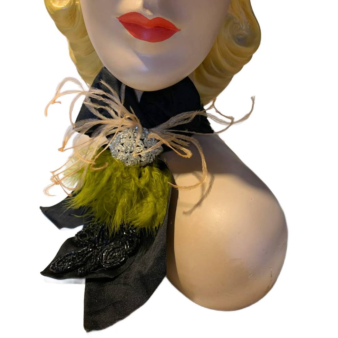 La Fée Vert the Reimagined Victorian Cravat Choker Necklace with Absinthe Green Feathers and Rhinestones