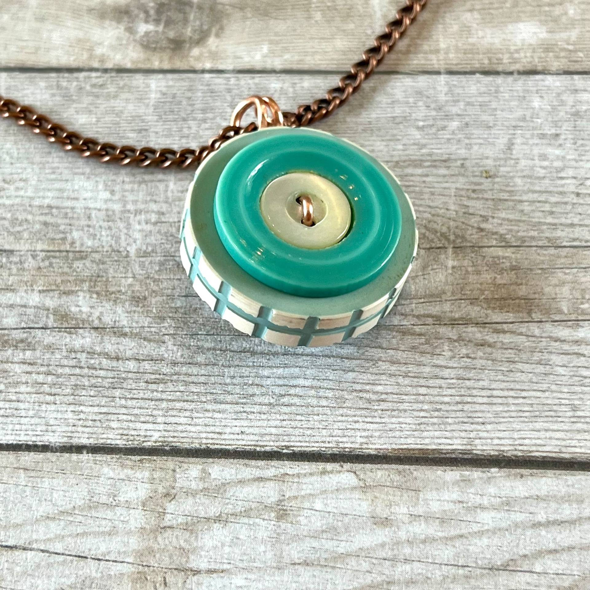 Aqua and White Stacked Button Pendant Necklace