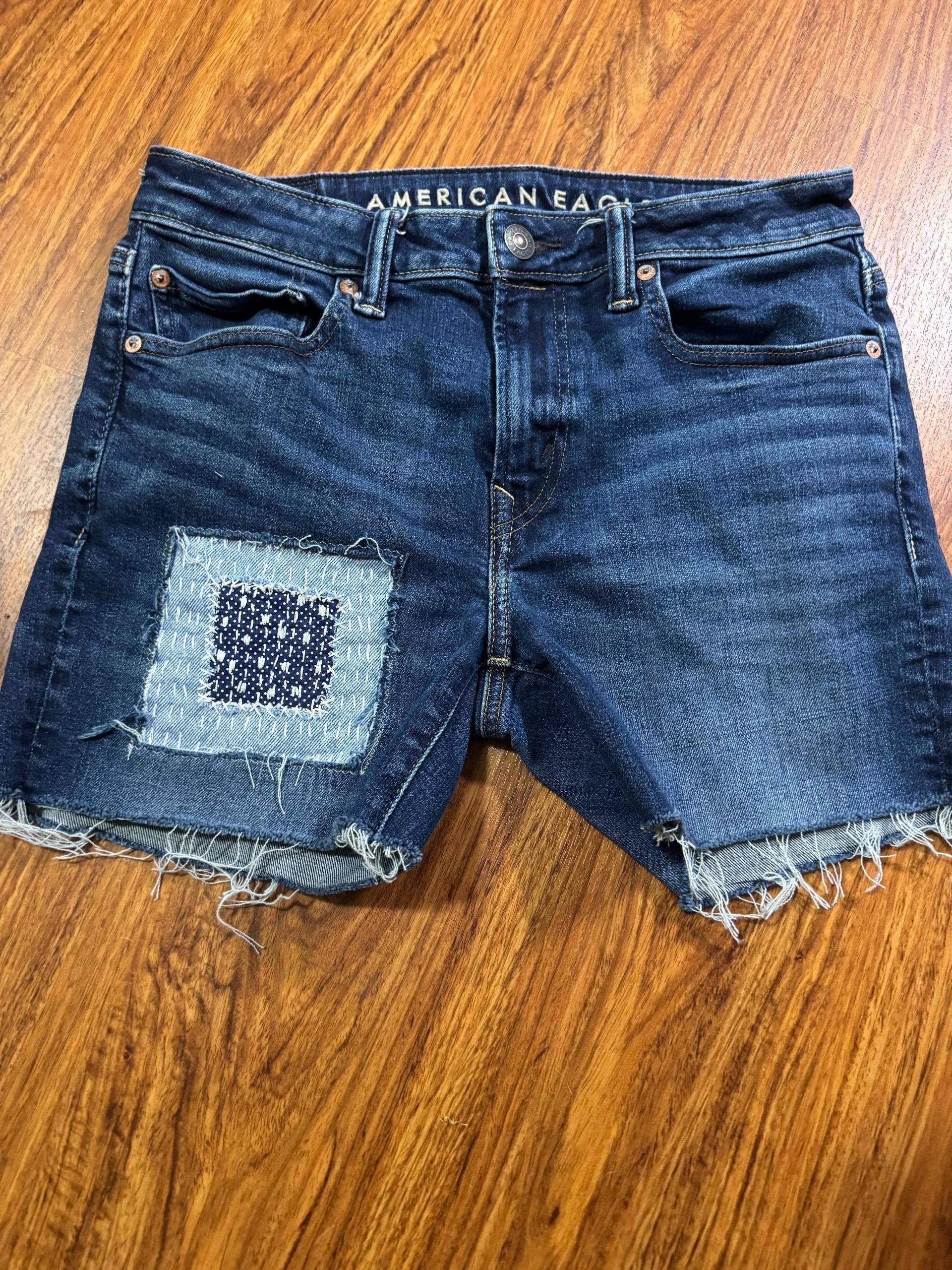 Upcycled denim cutoffs with Sashiko stitching 